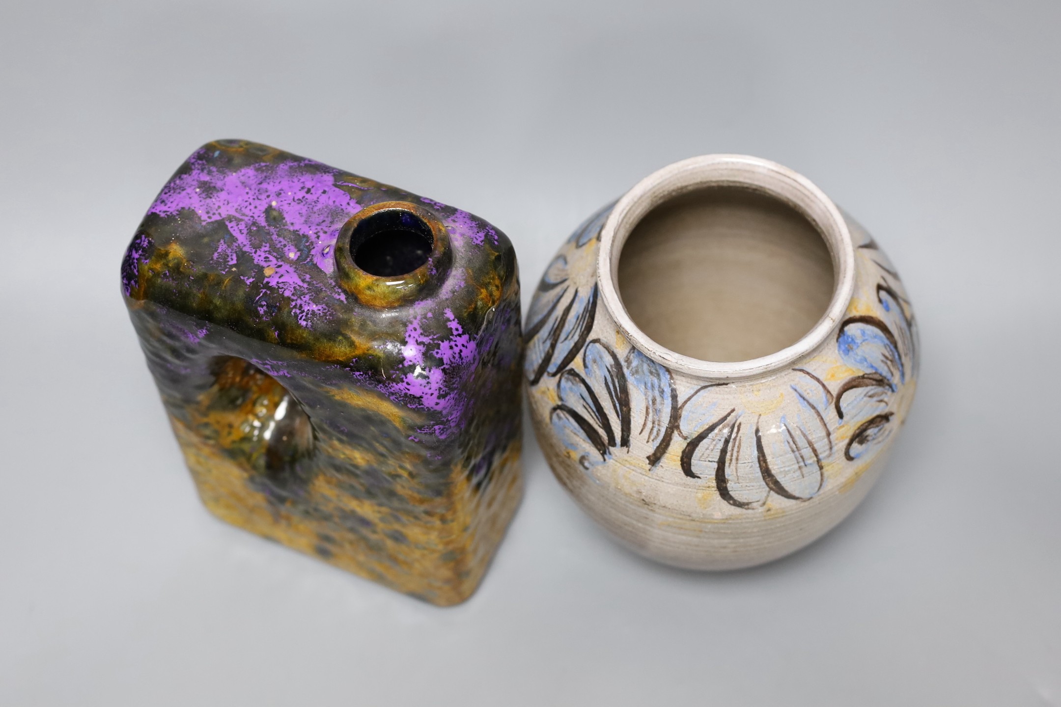 A Donald Tapster limited edition vase, 2/49 and another studio pottery bottle vase, bottle vase 21 cms high
